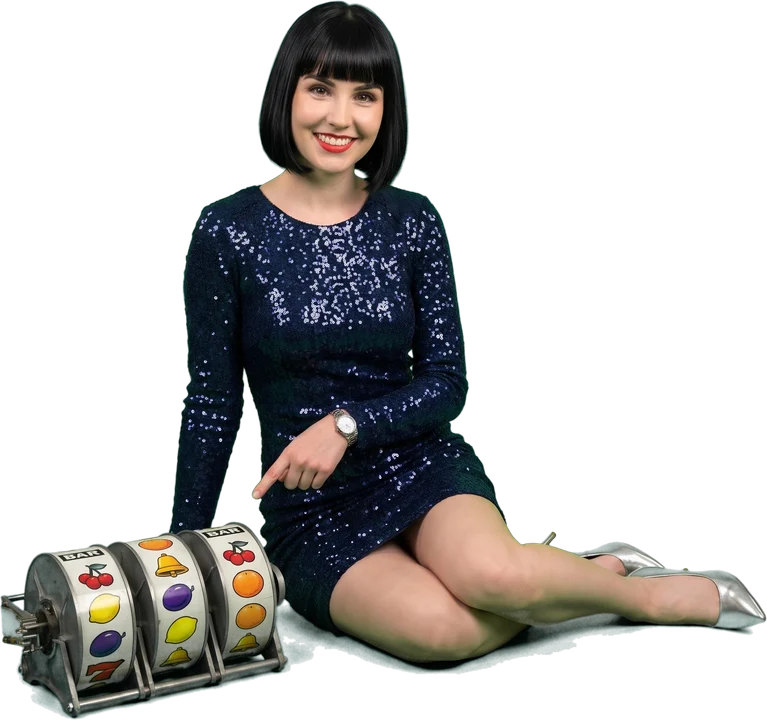 Woman pointing at slot machine reels