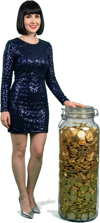 Woman next to a jar full of gold coins