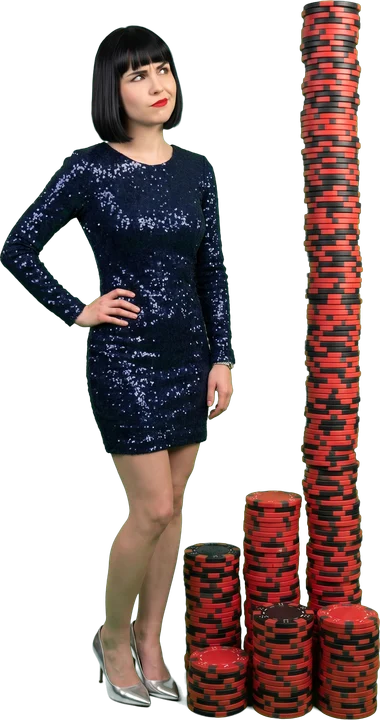 Woman looking at chip stacks that double in height from left to right