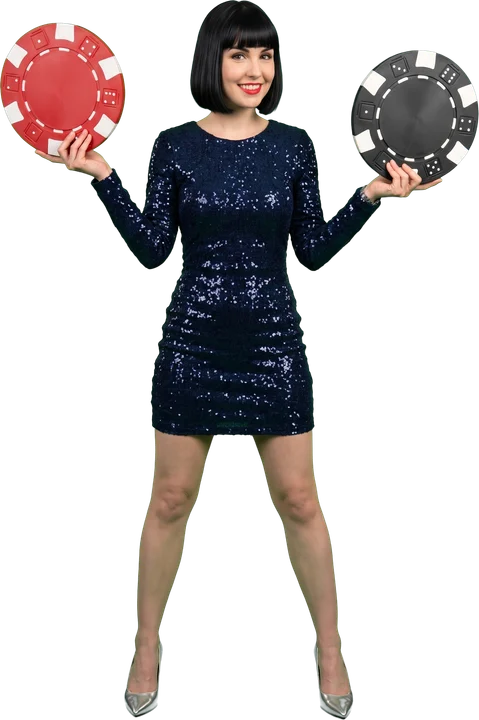 Woman holding a red chip and a black chip